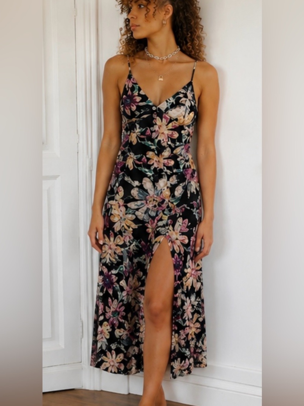 Urban Outfitters Black Floral Midi Dress with Pink and Cream Flowers